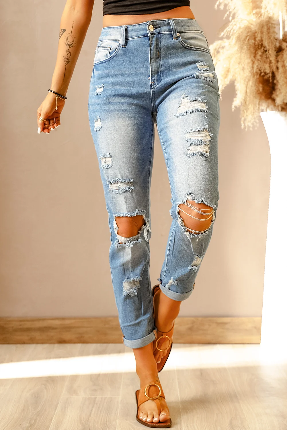 Light Blue Washed Ripped Straight Legs Jeans | IFYHOME