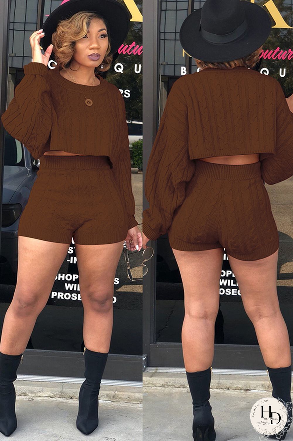 Orange Wool Europe and America Solid Two Piece Suits pencil Long Sleeve Two-Piece Short Set