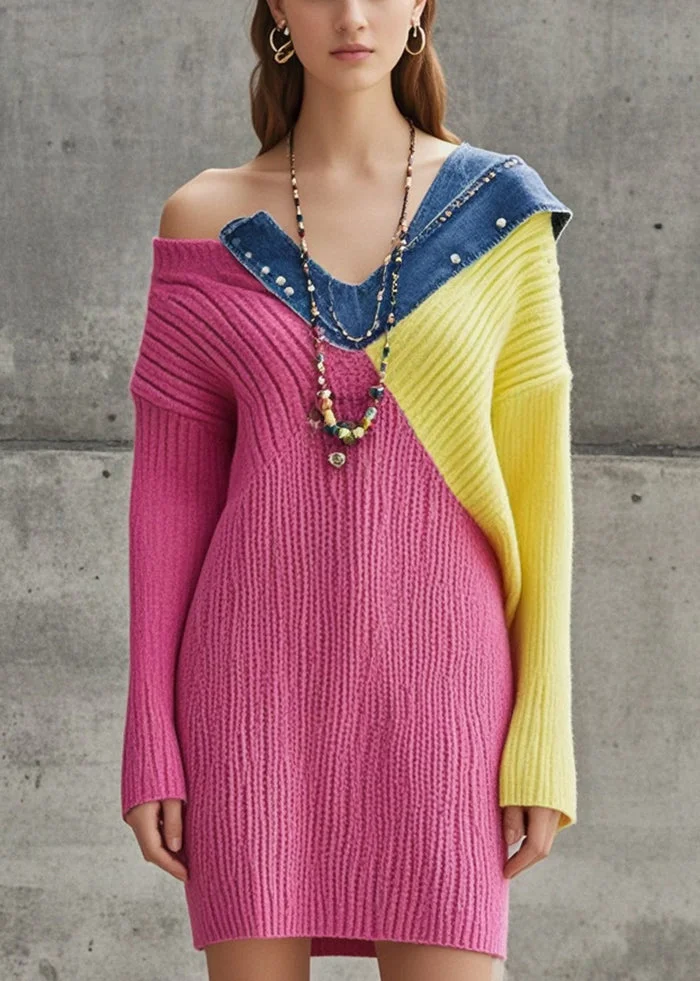 Fine Rose One Shoulder Patchwork Denim Knitwear Dress Fall