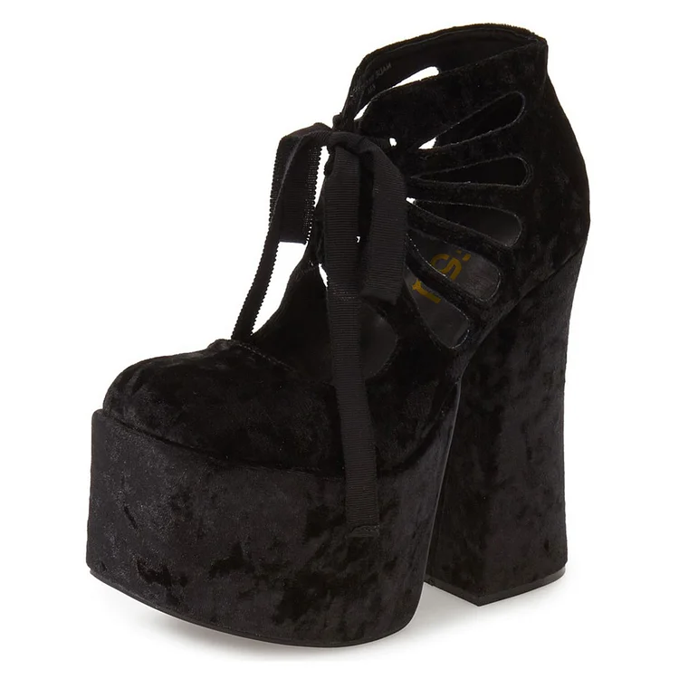 Black Velvet Platform Boots Round Toe Lace Up Chunky Heel Boots |FSJ Shoes
