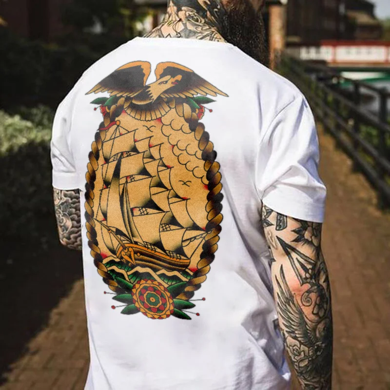 Galleon print men's loose T-shirt designer - Krazyskull