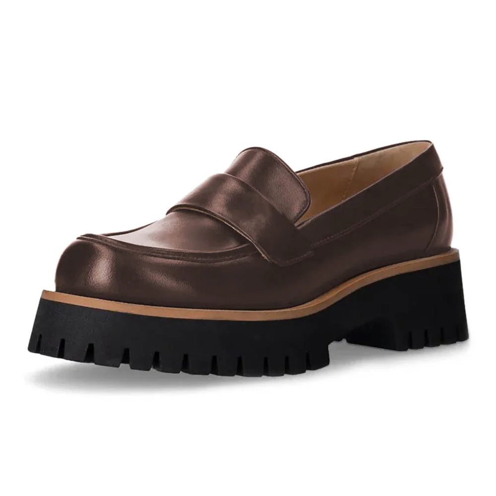 Brown Round Toe Chunky Heel Convenient Platform Loafers Women