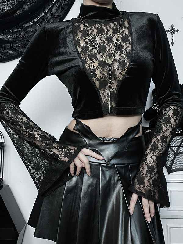 Dark Sexy Lace Paneled Trumpet Sleeve Translucent Top