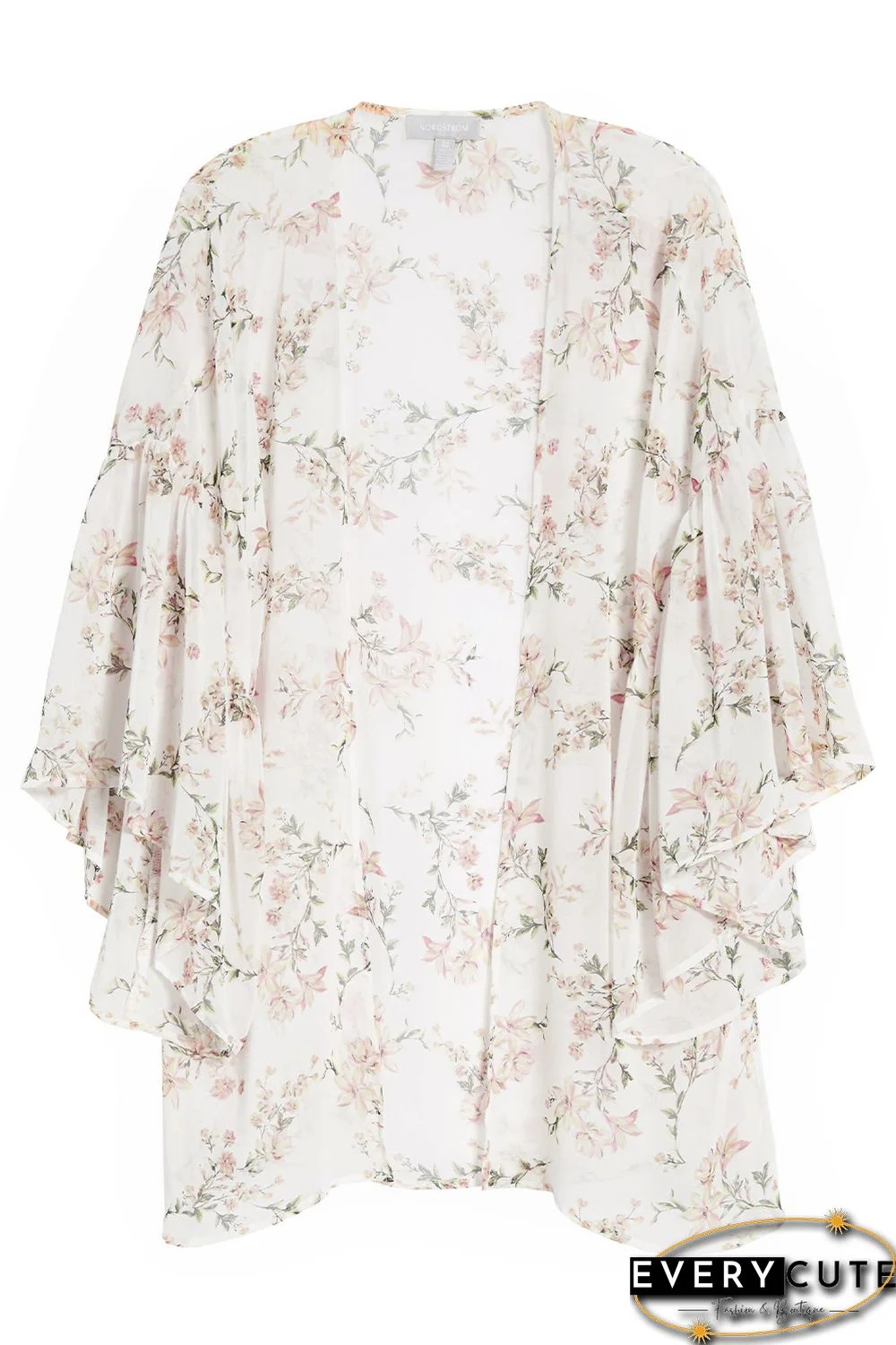White Floral Print Ruffled Long Sleeves Kimono