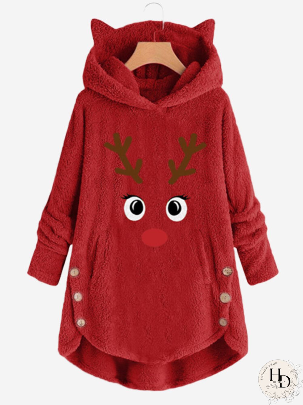 Casual Embroidery Lovely Christmas Deer Side Button Fleece Hoodies