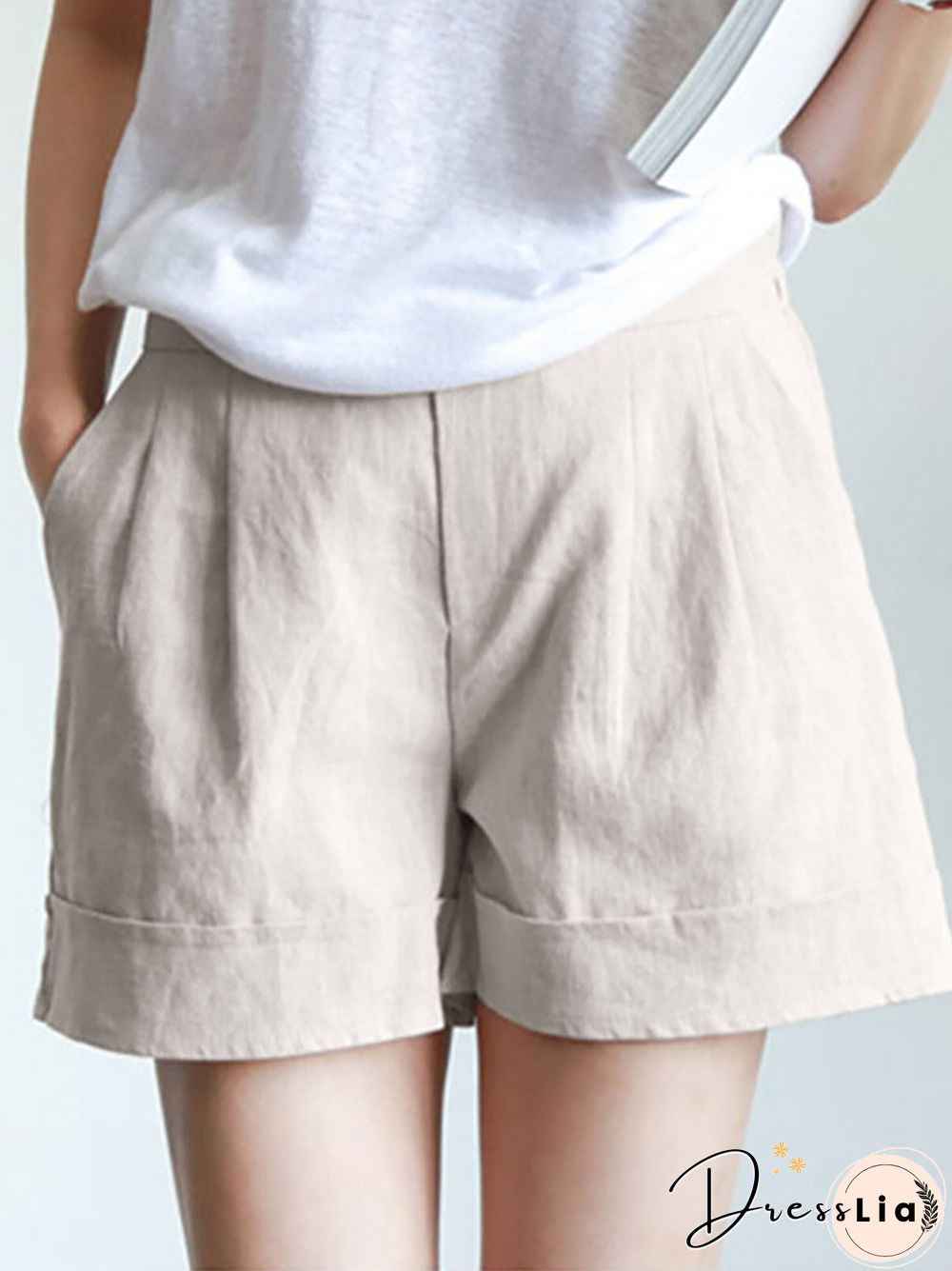 Solid Elastic Waist Pocket Casual Shorts For Women