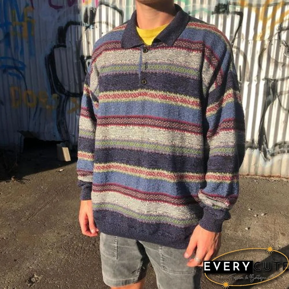 Casual Retro Striped Lapel Long Sleeve Sweater