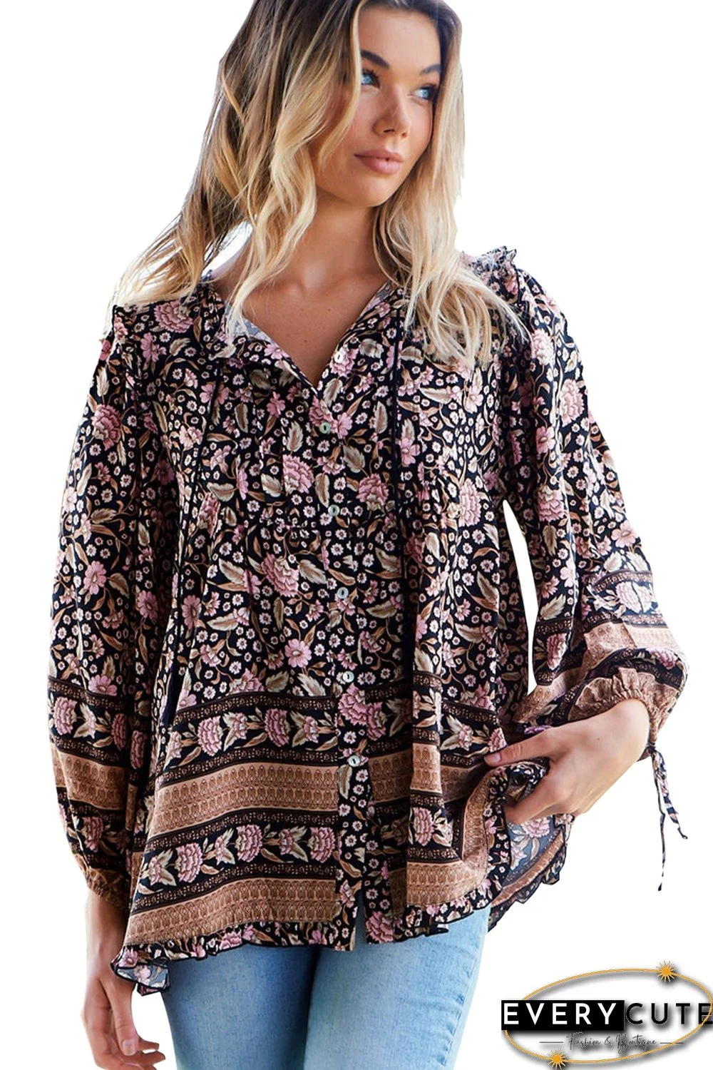 Black Vintage Boho Floral Print Loose Shirt