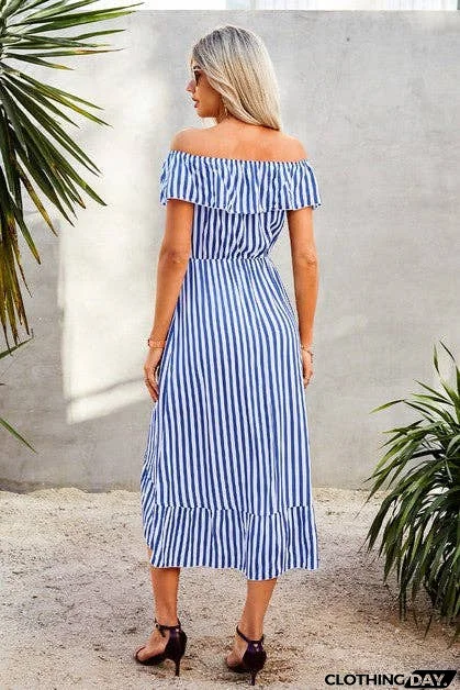 Elegant Striped Ruffled Midi Dress