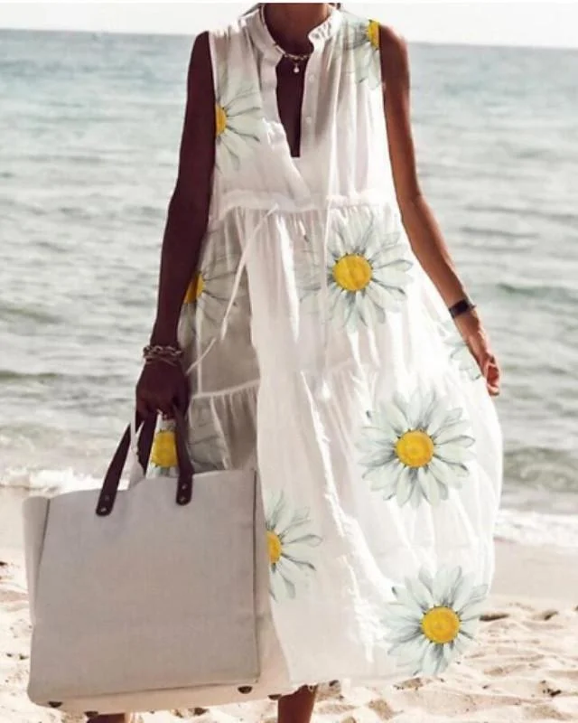 Women's Swing Dress Maxi Long Dress Sleeveless Floral Print Summer Hot Casual Boho White Dresses