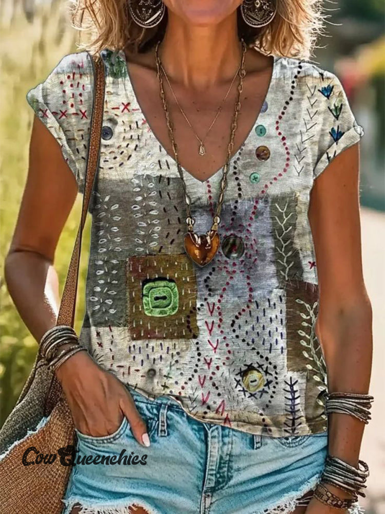 Women&rsquo;s Vintage Floral Art Print V-neck Casual T-Shirt Multicolor / S