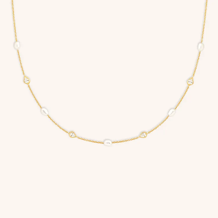Pearl & Crystal Charm Necklace in Gold