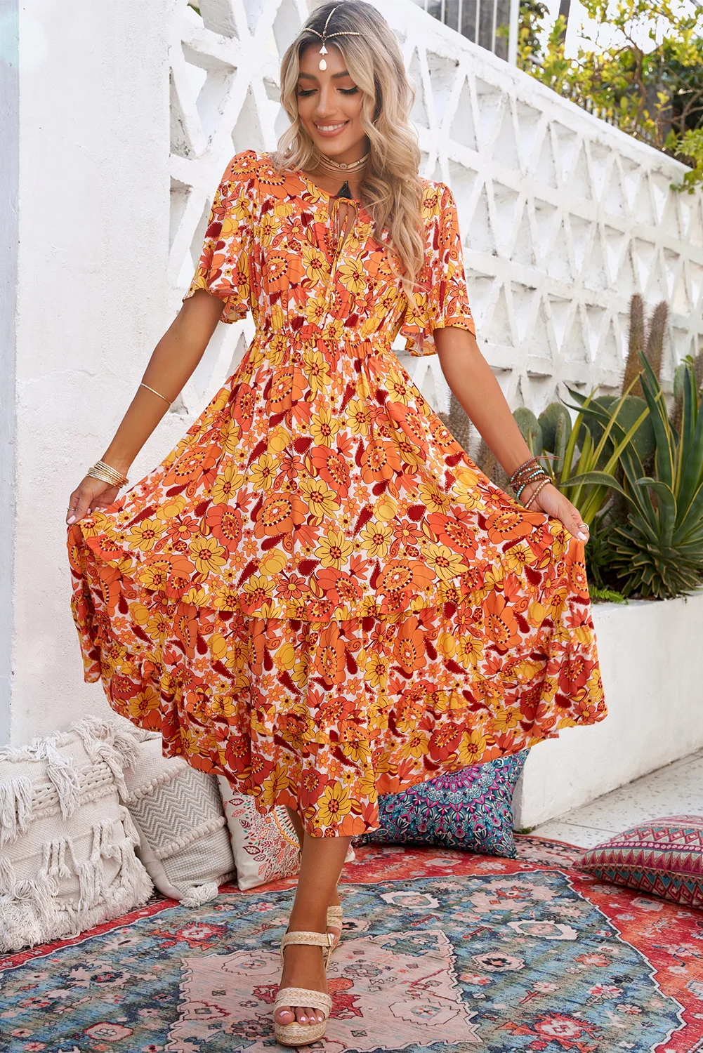 Orange Bohemian Flutter Sleeve Floral Dress