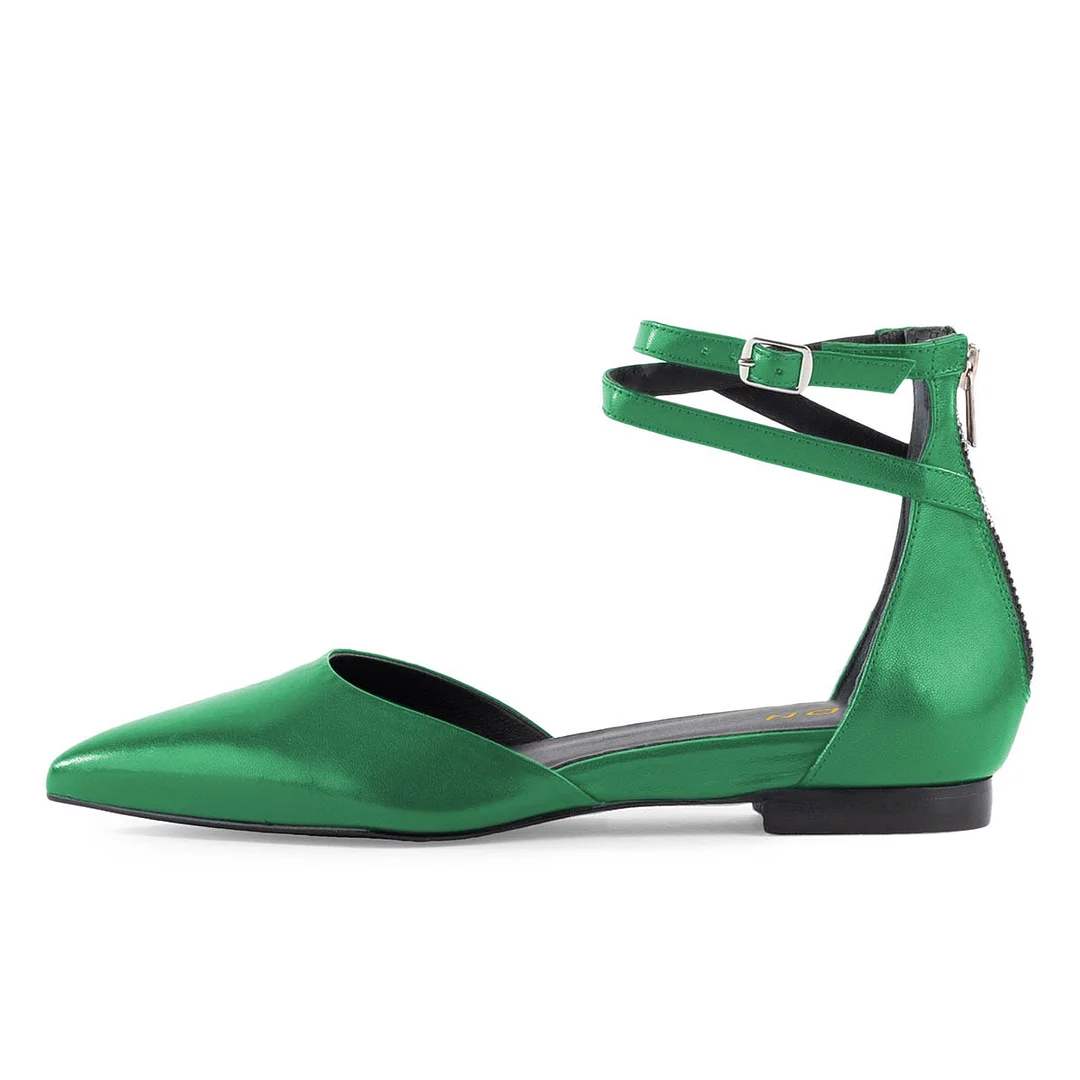 YDN Casual Green Pointed Toe Ankle Strap Flat Pumps for Women