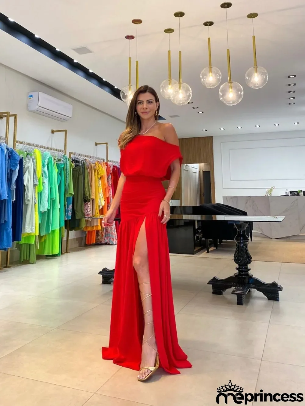 Solid Sexy Slash Shoulder Off-Shoulder Slim Waist Slit Gown Dress