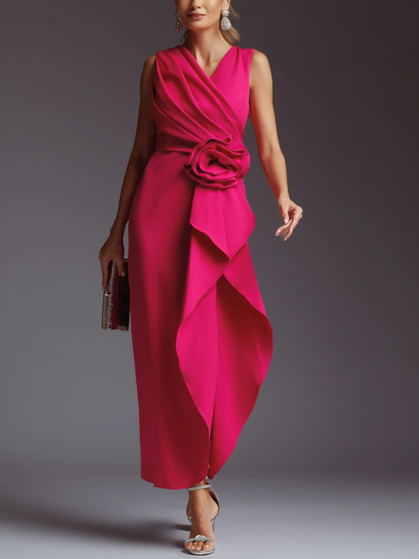 V-neck Sleeveless Solid Color Midi Dress
