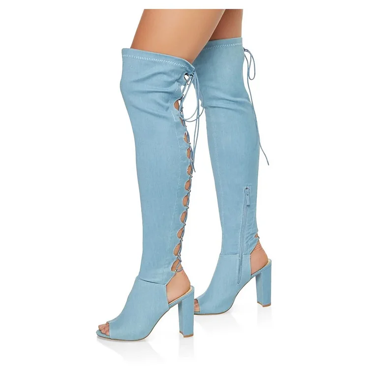 Light Blue Denim Chunky heel Lace Up Boots Over-the-knee Boots |FSJ Shoes