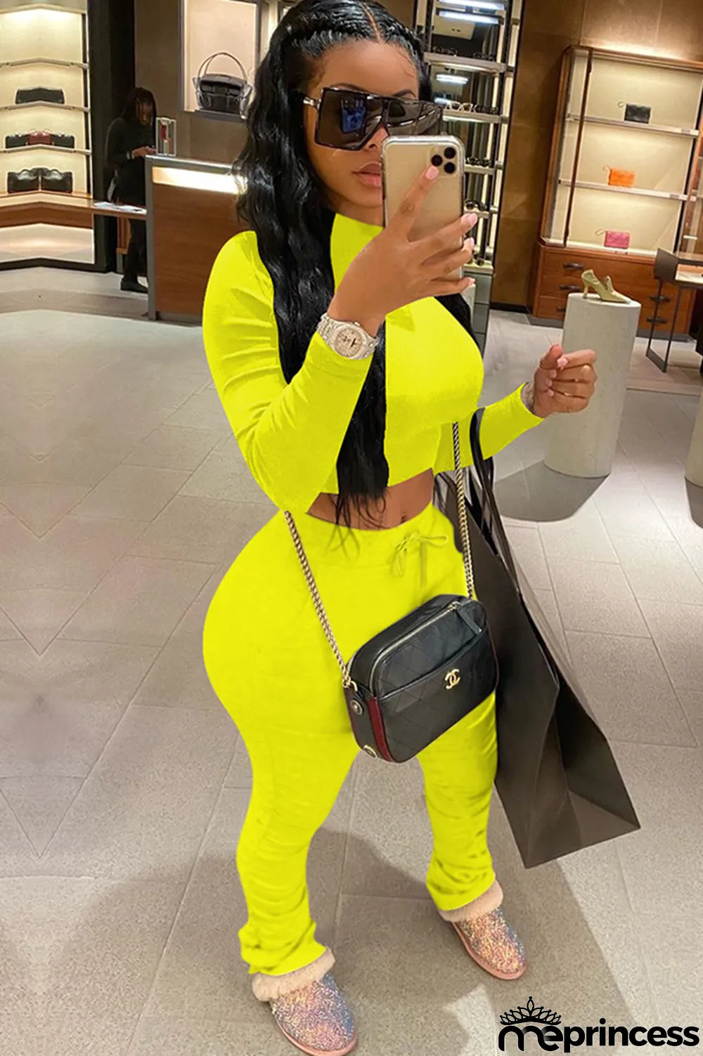 Yellow knit Sexy Fashion Patchwork Two Piece Suits Solid Straight Long Sleeve