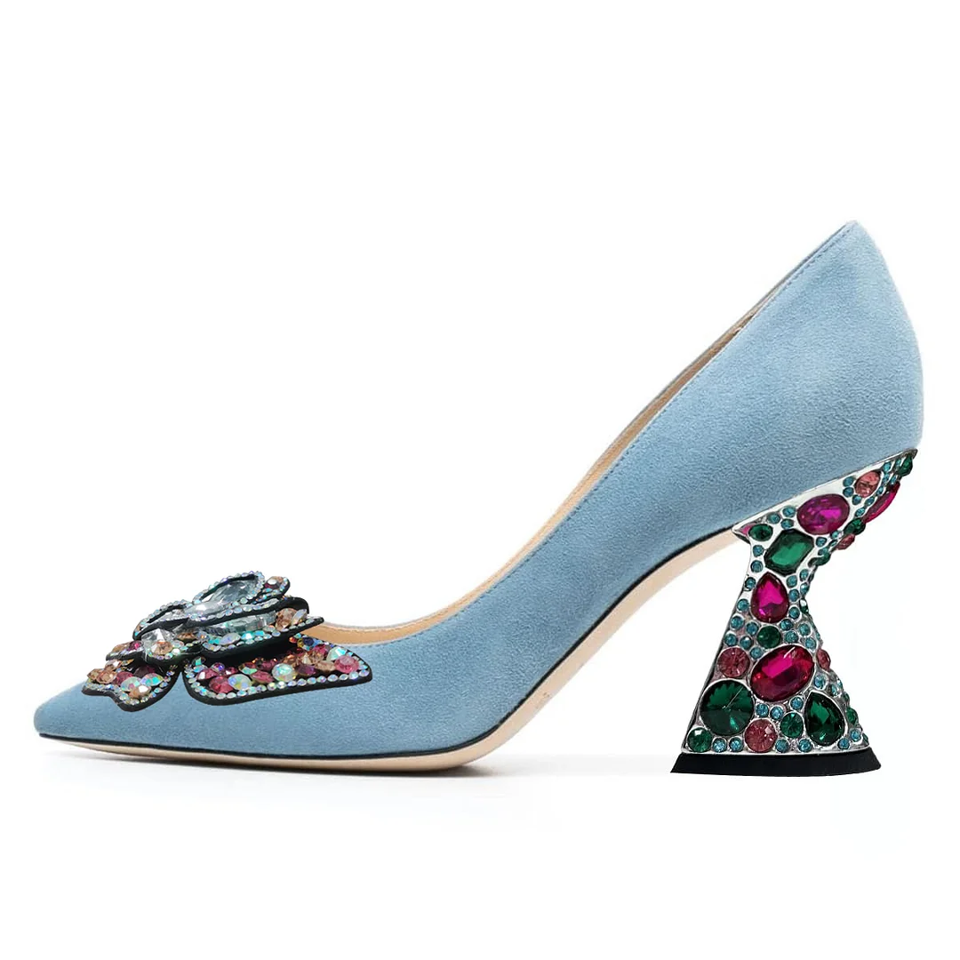 Sky Blue Faux Suede Pointed Toe Rhinestone Butterfly High Heels