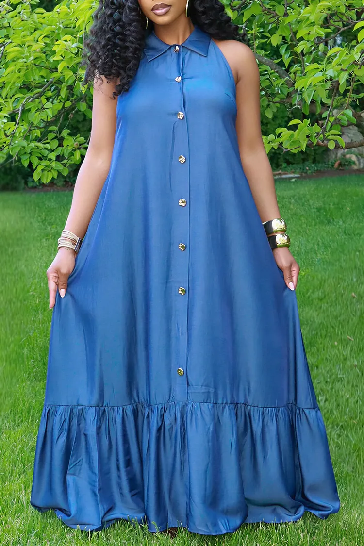 Plus Size Business Casual Blue Shirt Collar Ruffle Pocket Tencel Denim Maxi Dresses [Pre-Order] 2024 - Xpluswear