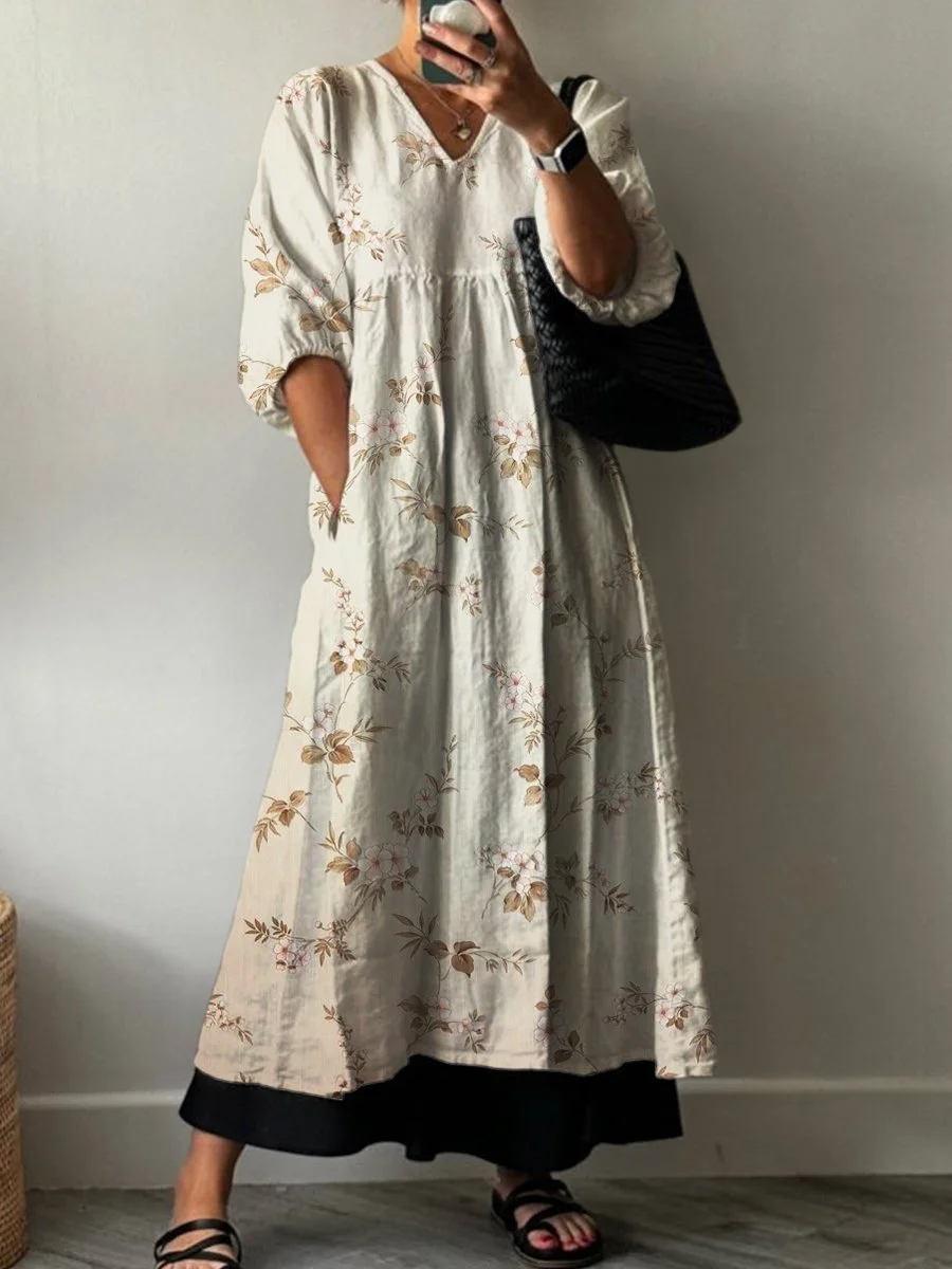 Floral Print Pocket V-neck Cotton Dress