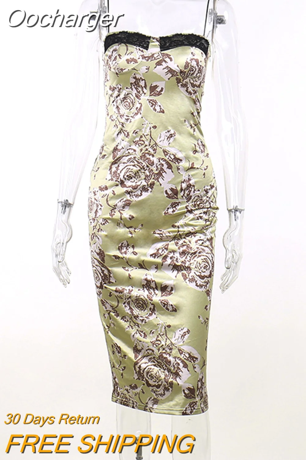 Oocharger Floral Print Backless Midi Dress For Women Robe 2023 New Spaghetti Strap Sleeveless Bodycon Party Long Dress Vestidos