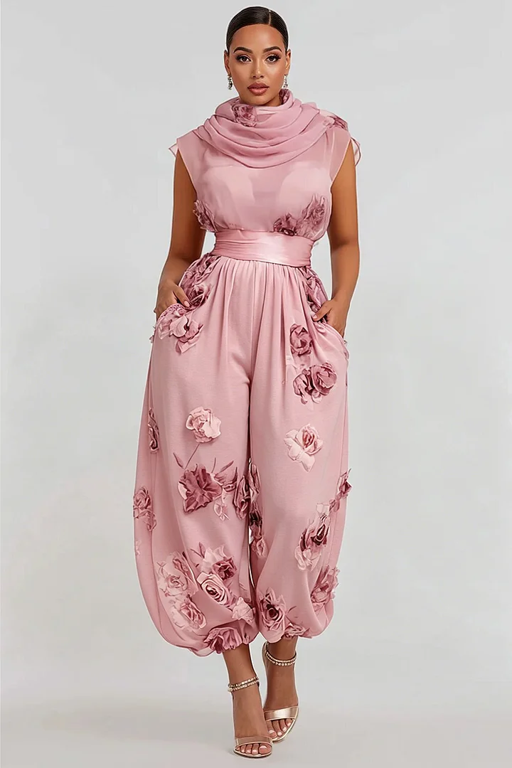 Xpluswear Design Plus Size Wedding Guest Pink Floral Cowl Neck Pocket Chiffon Jumpsuits 2024 - Xpluswear