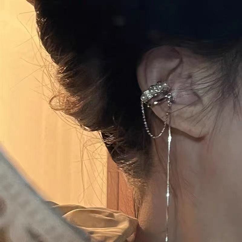 French light luxury ear clip long pearl tassel ear clip ear clip temperament earring advanced