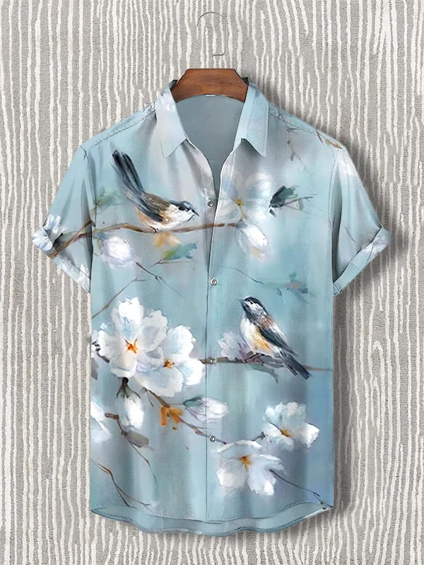 Men's Flower Bird Oil Painting Print Short Sleeve Vacation Shirt