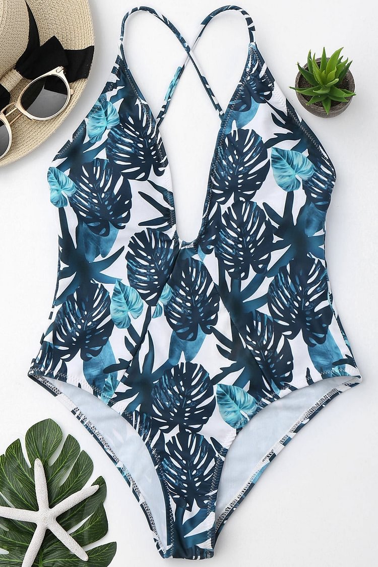 Green Tropical Palm Leaf Print Plunge V Neck Sexy One Piece Swimsuit - Shop Trendy Women's Clothing | LoverChic