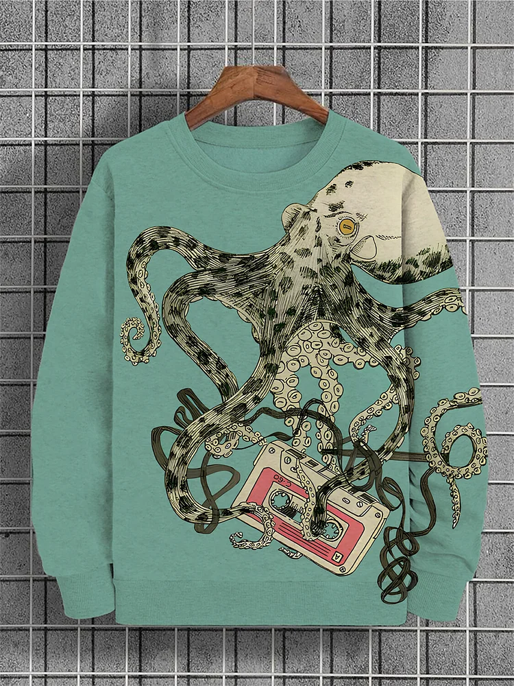 Men's Ocean Octopus Music Tape Print Casual Sweatshirt