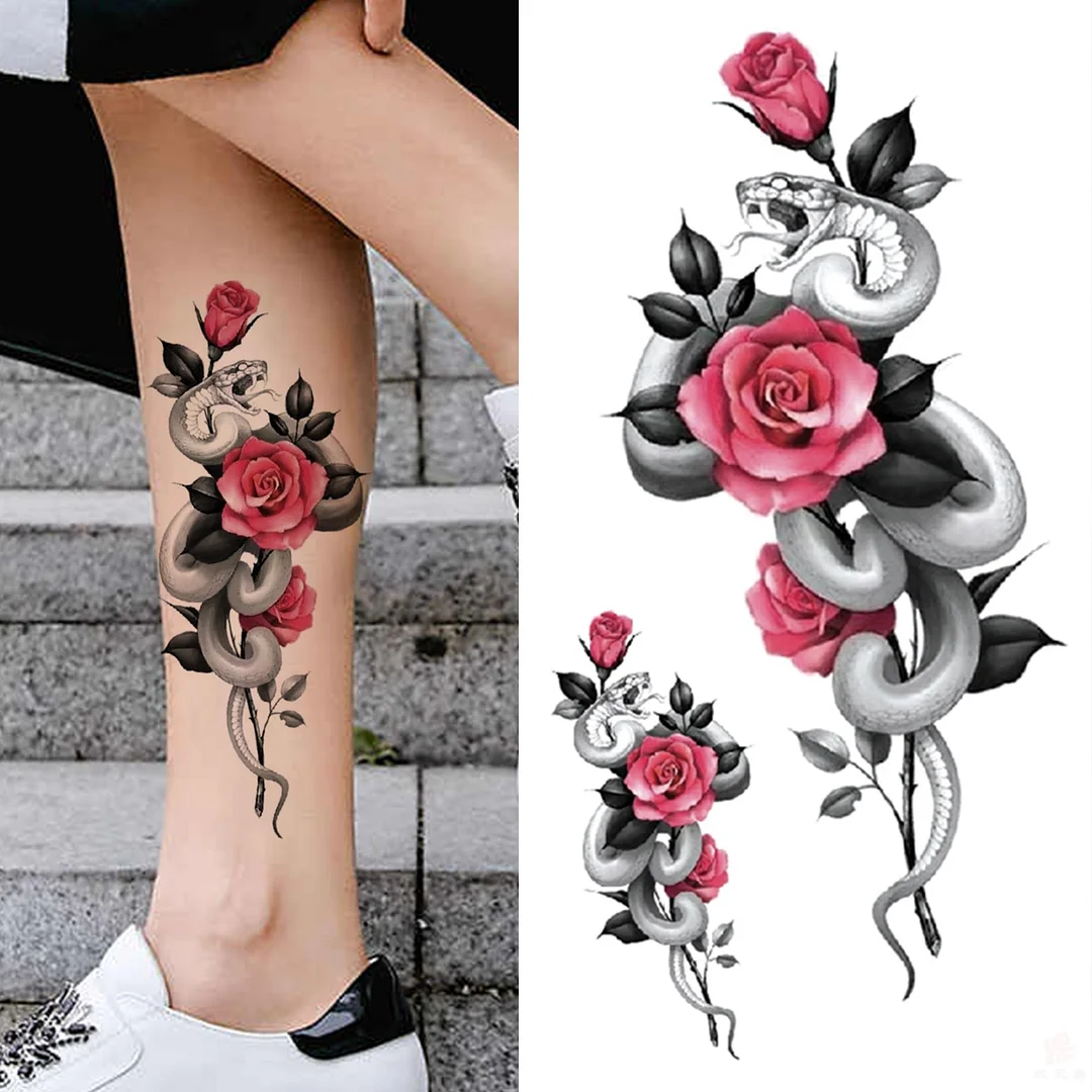 3D Snake Rose Temporary Tattoos For Women Girls Fake Flower Tattoo Sticker Black Death Eaters Dark Mark Mamba Snake Peony Tatoos