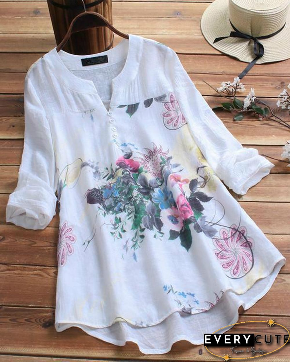 V-neck Random Floral Printed Long Sleeve Plus Size Blouse