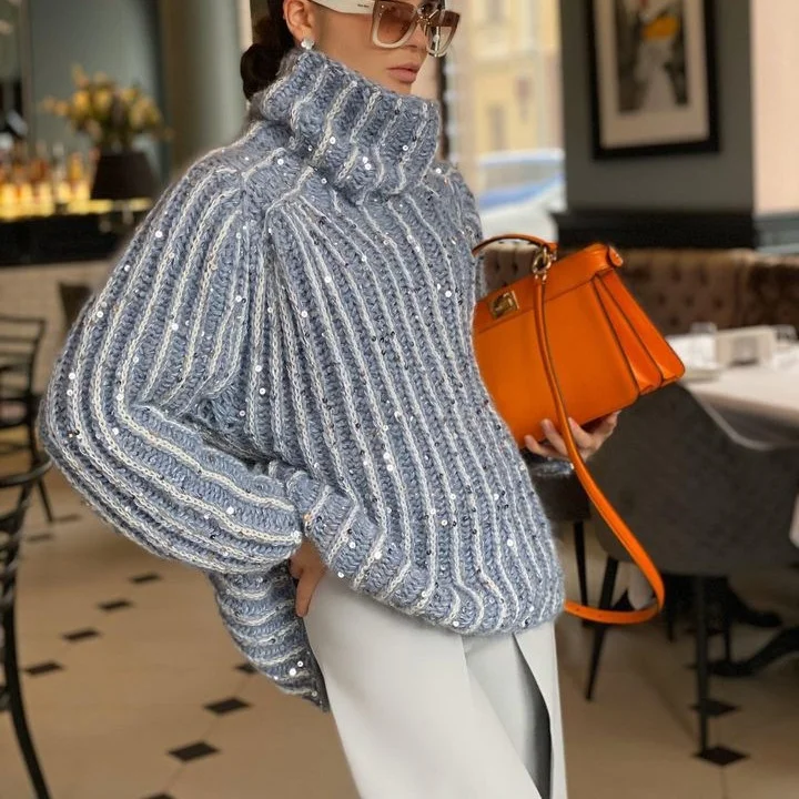 Toloer Toloer Autumn And Winter New Fashion Solid Color High Collar Thick Line Sequins Add Thick Casual Loose Sweater Female-Outfit Ideas