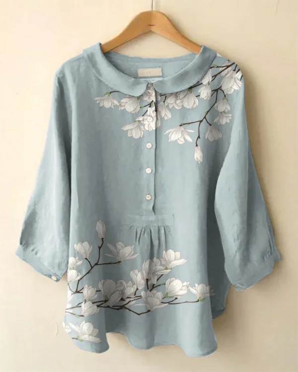 Vintage Long Sleeve Cute Peter Pan Collar Floral Print Shirt