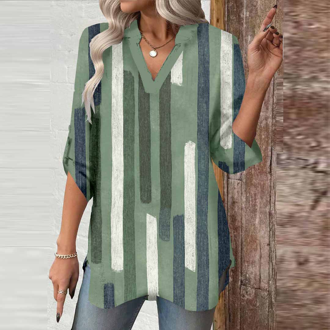 Women Striped, Green,Ladynora DZGA0064 3/4 Sleeve V-neck Printed Graphic Button Tops