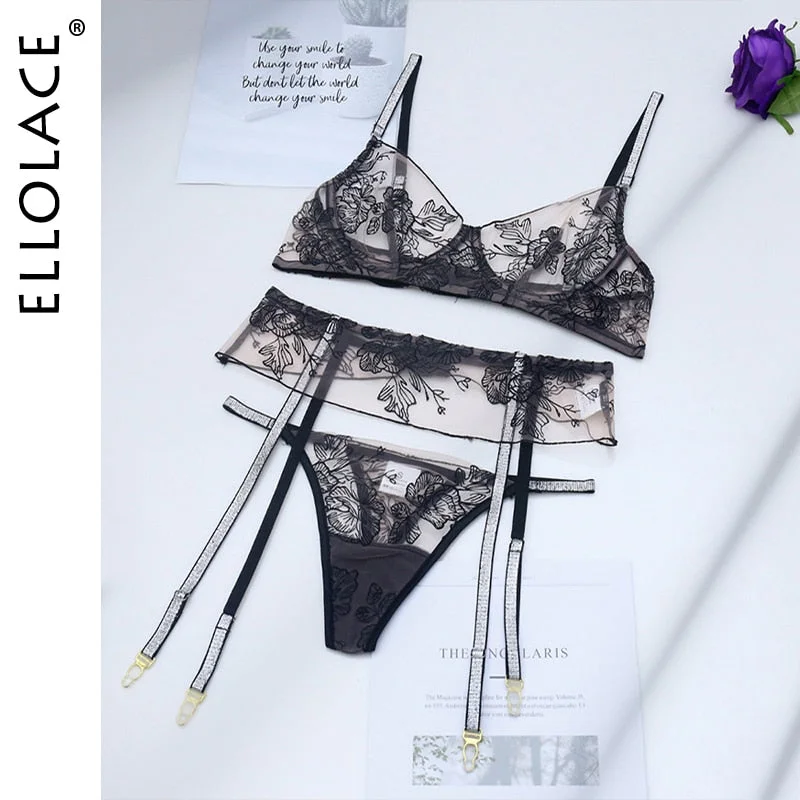 Ellolace Glitter Lingerie Transparent Lace Embroidery Delicate Underwear Sexy Matching Bilizna Set Erotic Garters Luxury Bra