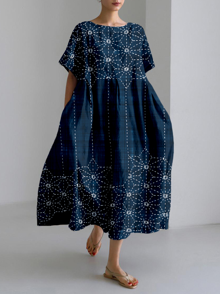 Comstylish Beautiful Japanese Sashiko Asanoha Pattern Maxi Dress