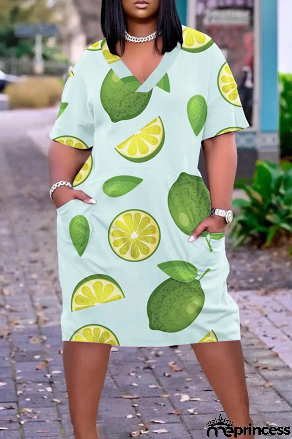 Cyan Green Casual Print Patchwork Basic V Neck Short Sleeve Dress Plus Size Dresses
