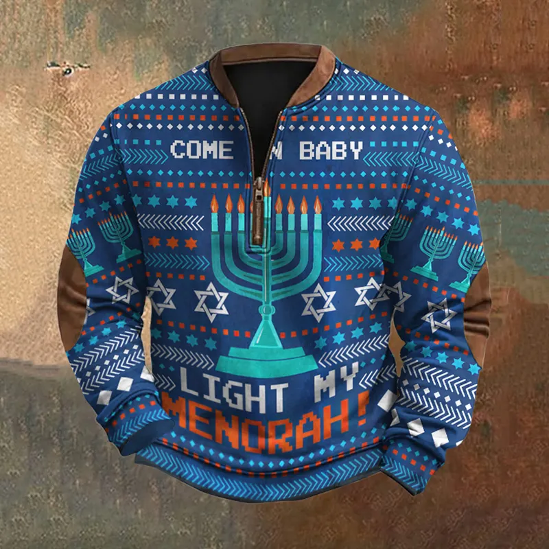 Men's Hanukkah Print Casual Zip Sweatshirt