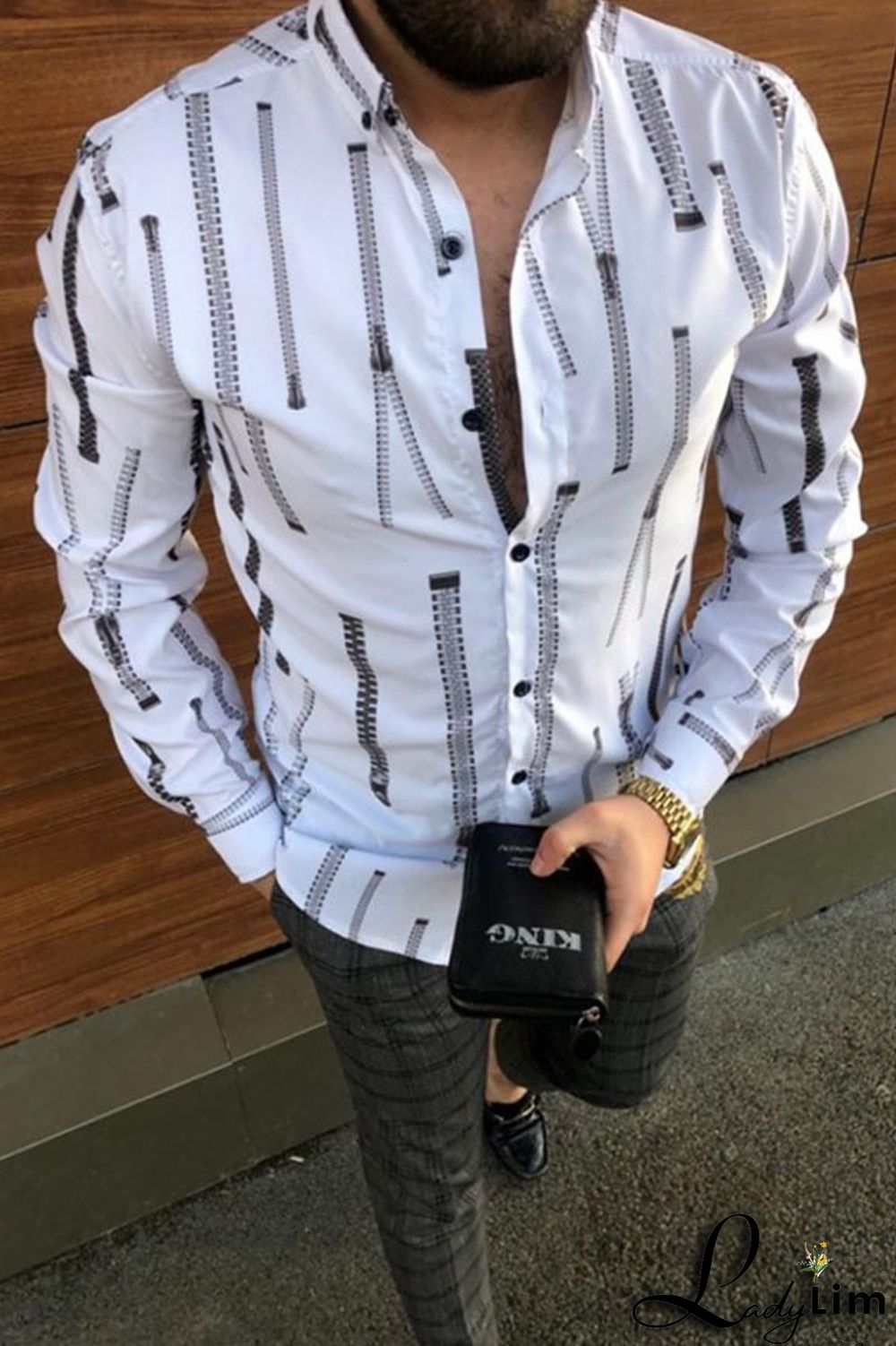 White Casual Print Split Joint Buckle Turndown Collar Tops