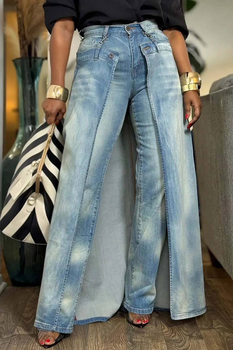 Plus Size Party Light Blue With&nbsp;Skirt&nbsp;Overlay&nbsp;Denim Jeans [Pre-Order] 2024 - Xpluswear