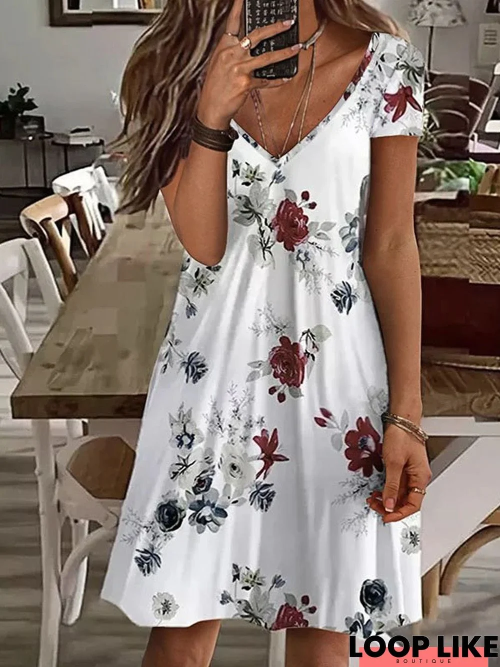 Boho Floral V neck Short Sleeve Knit Dress