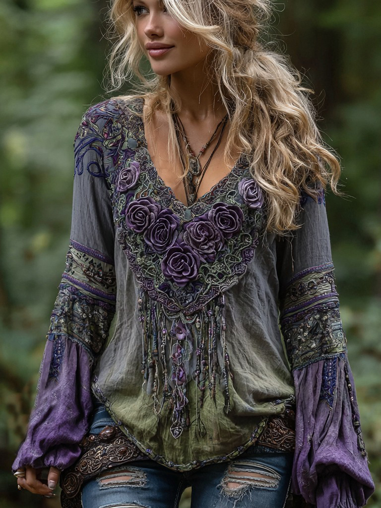 Comstylish Women's Vintage Tribal Tassel Rose Embroidery Art Pattern Linen Shirt