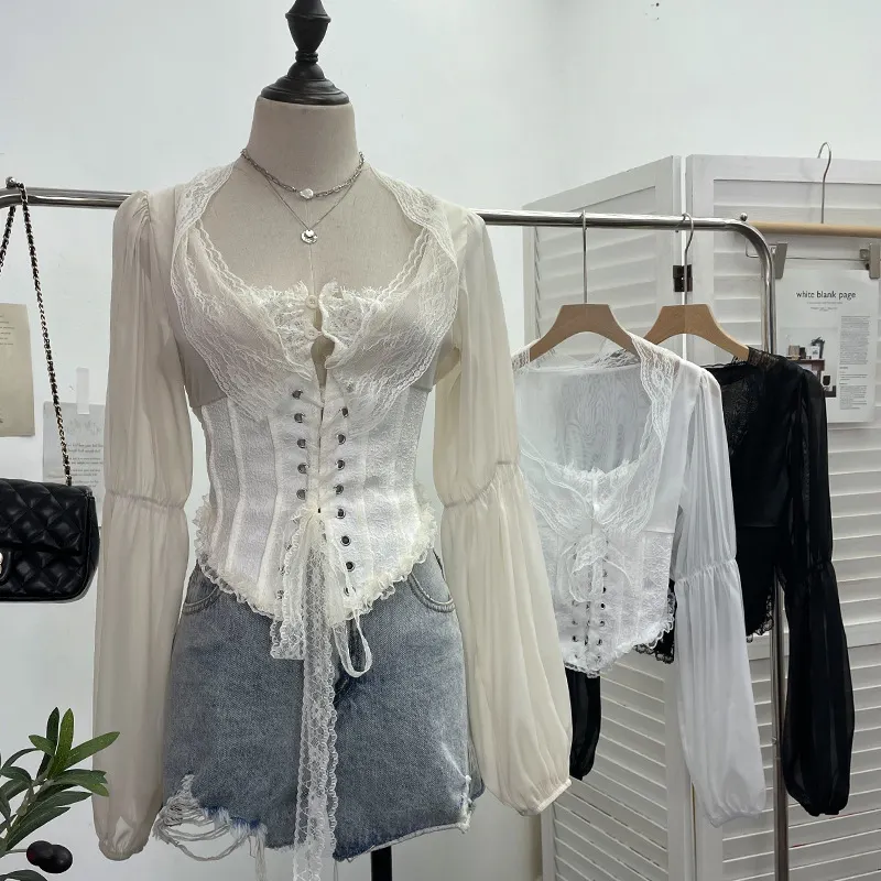 Uveng French Court Wind Strapped With Waist Fish Bone Shirt Lace Shirt Back Waist To Take Short Top 8803