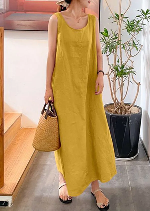 Modern Yellow O-Neck Slim Fit Cotton Long Dresses Sleeveless