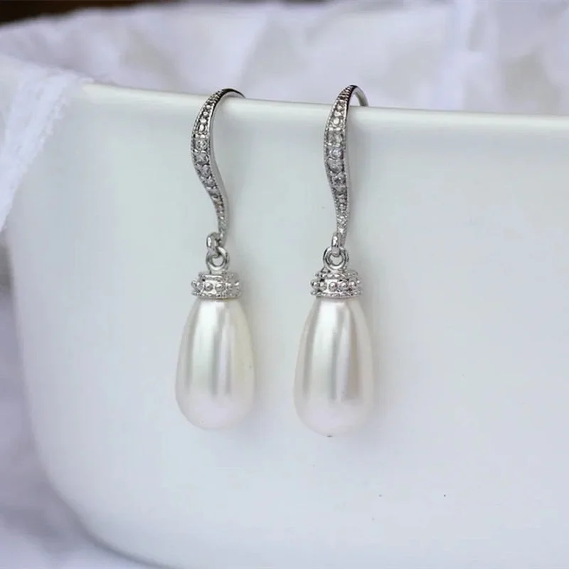 Exquisite Drop Imitation Pearl Earrings Fashion Metal Silver Color Inlaid White Zircon Crystal Dangle Earrings for Women Jewelry