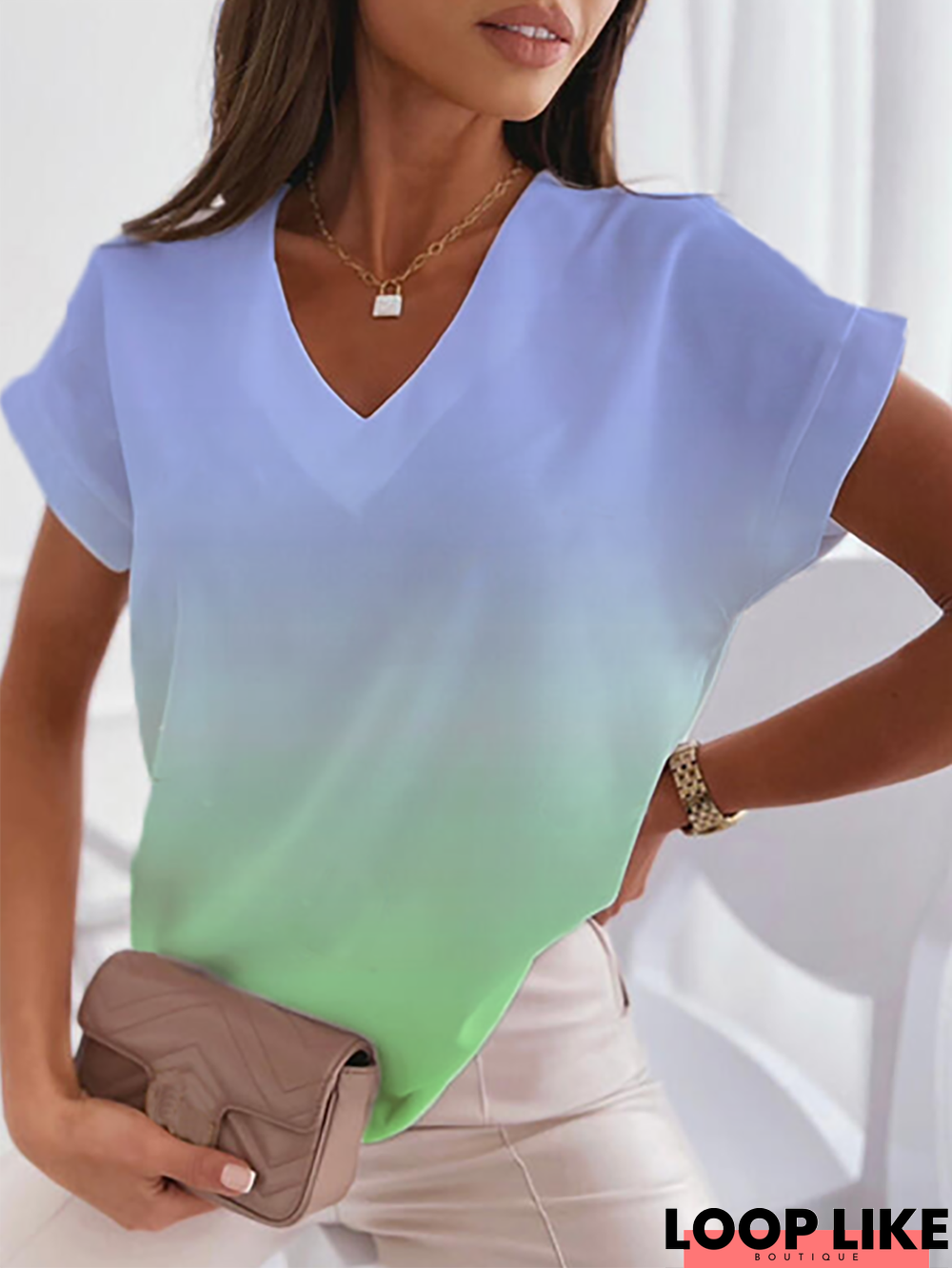 Casual V Neck Ombre Short Sleeve T-Shirt