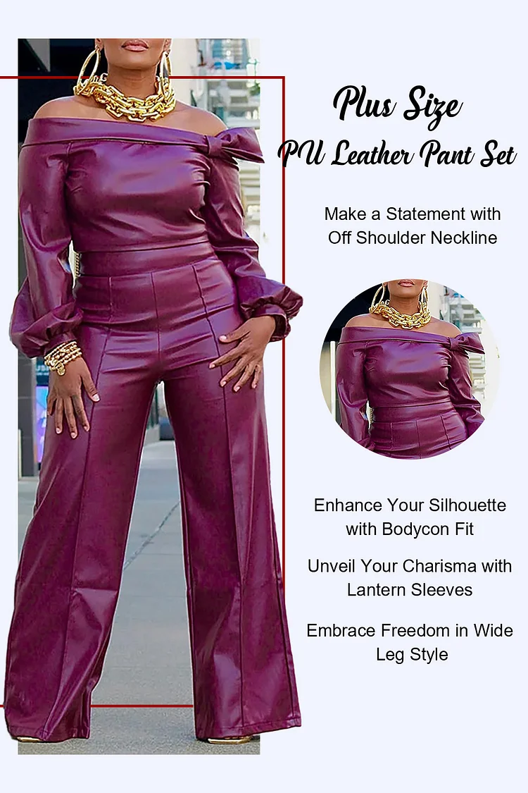Plus Size Semi Formal Pant Set Burgundy PU Leather Off The Shoulder Lantern  Sleeve Wide Leg