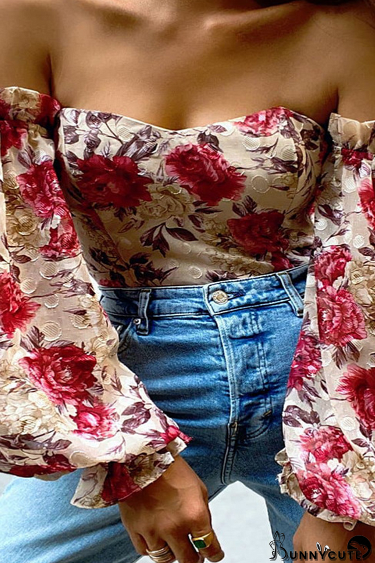 Fuchsia Fashion Print Patchwork Off the Shoulder Tops